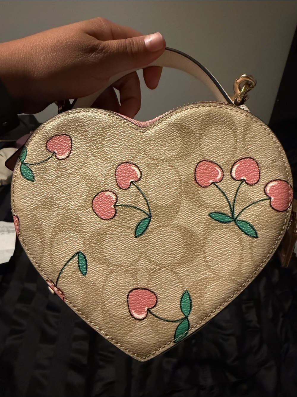 Coach Beige Signature Heart Crossbody with Pink Cherry Print - Picture 5 of 10